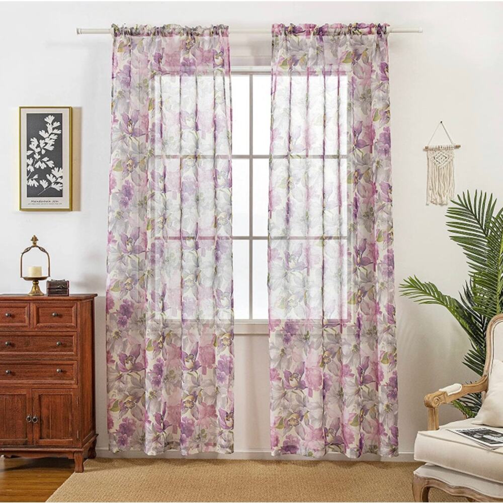 Floral Sheer Curtains 95” Purple French Country Rod Pocket 2 Panels Cottagecore